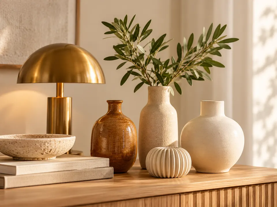 Keramische vazen, een messing tafellamp en een schaal op een houten dressoir