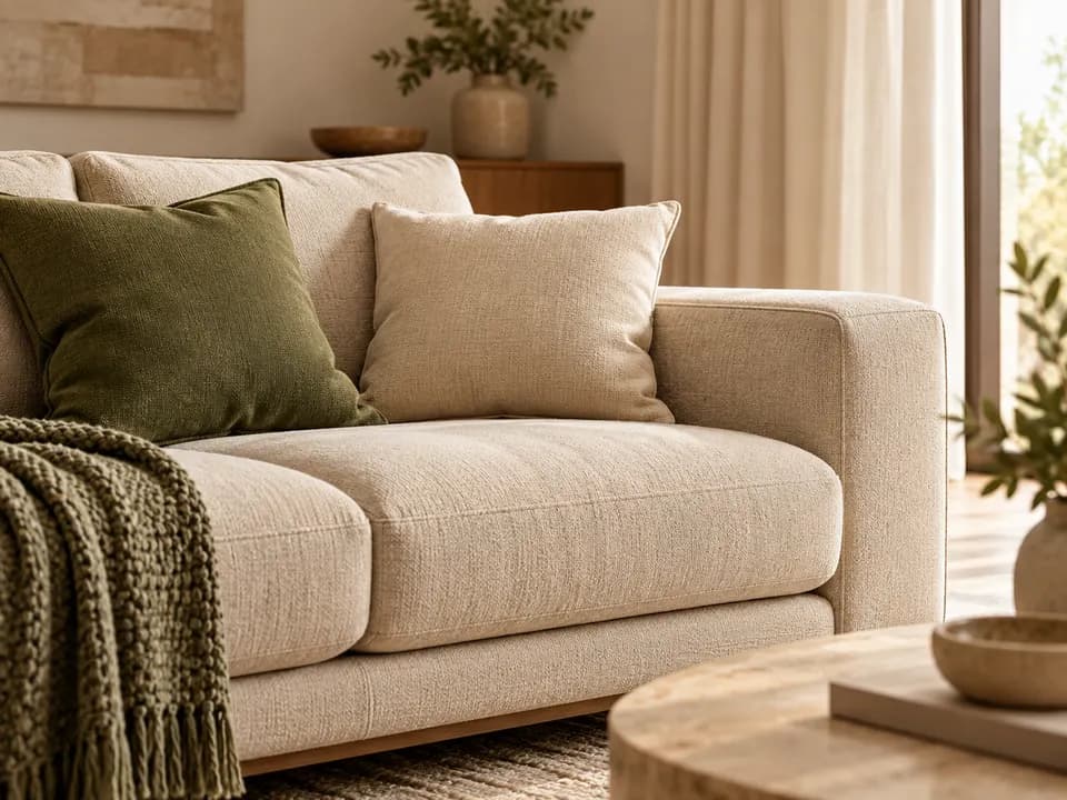 Beige stoffen bank met een groen en een crèmekleurig kussen en een gebreide plaid
