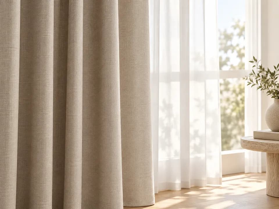 Zandkleurige linnen gordijnen naast witte vitrage voor een zonnig raam