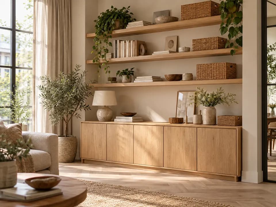 Lage eikenhouten dressoirkast met wandplanken vol boeken, manden en planten