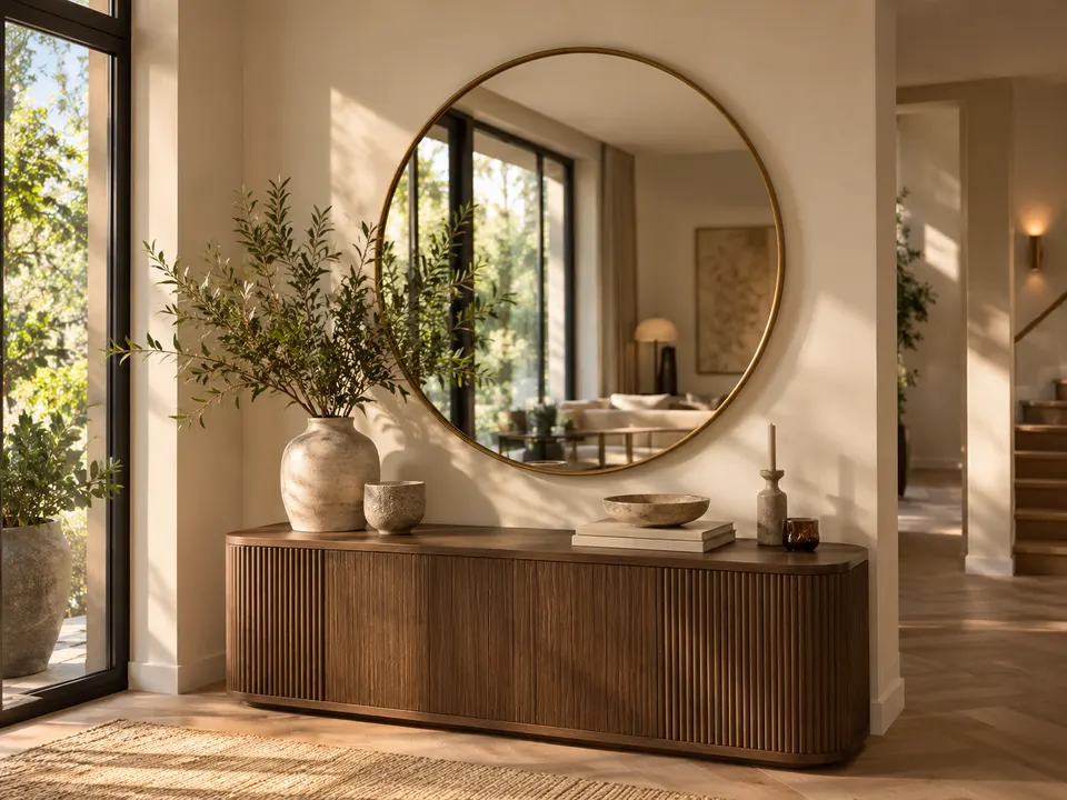 Grote ronde spiegel met messing rand boven een houten dressoir