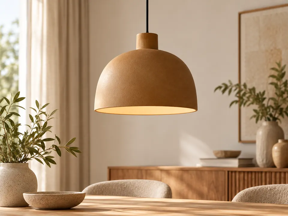 Okerkleurige hanglamp boven een houten eettafel