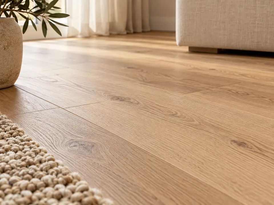 Close-up van een lichte eikenhouten plankenvloer