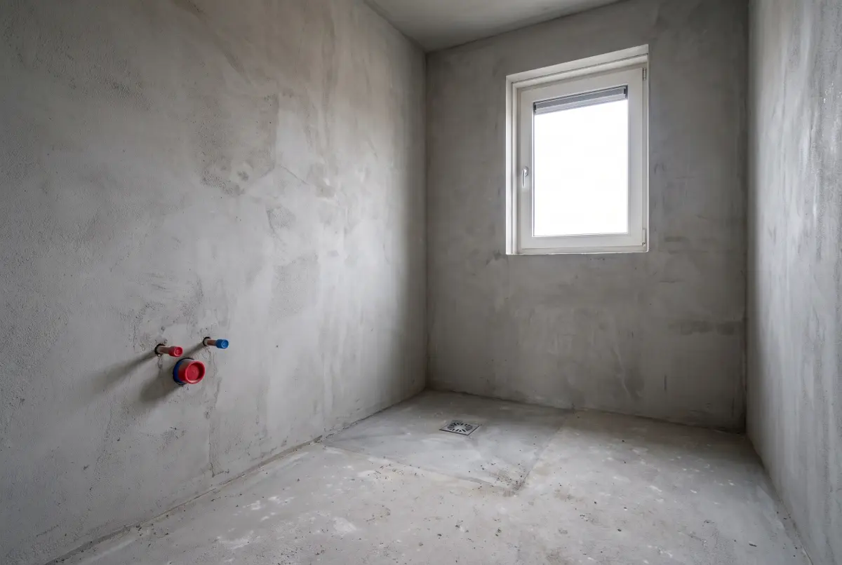 Een lege nieuwbouwbadkamer zonder meubels