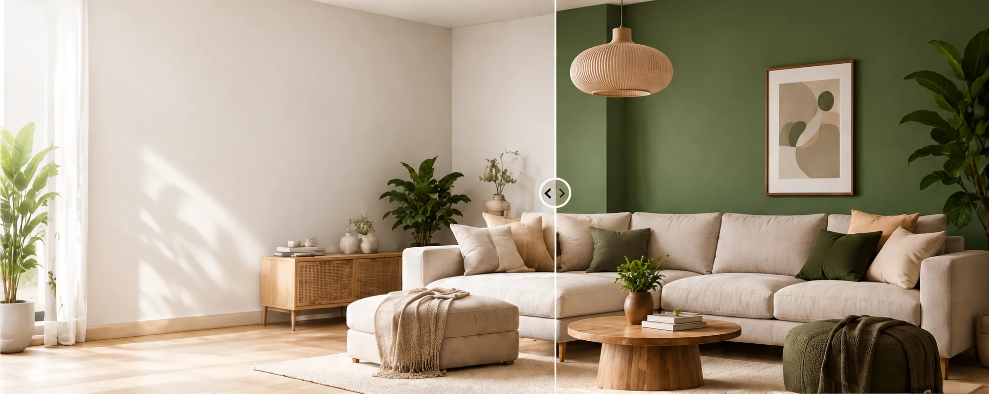 Voor en na: links een lege woonkamer met witte muren, rechts dezelfde kamer met een groene muur, een lichte hoekbank, een houten salontafel en een rieten hanglamp