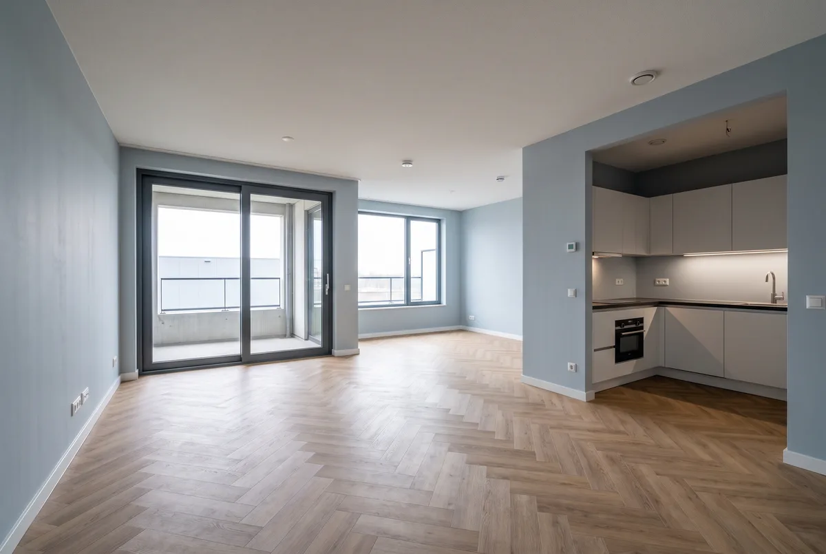 Lege woonkamer van een appartement na 2000: schuifpui naar het balkon, alles op één laag