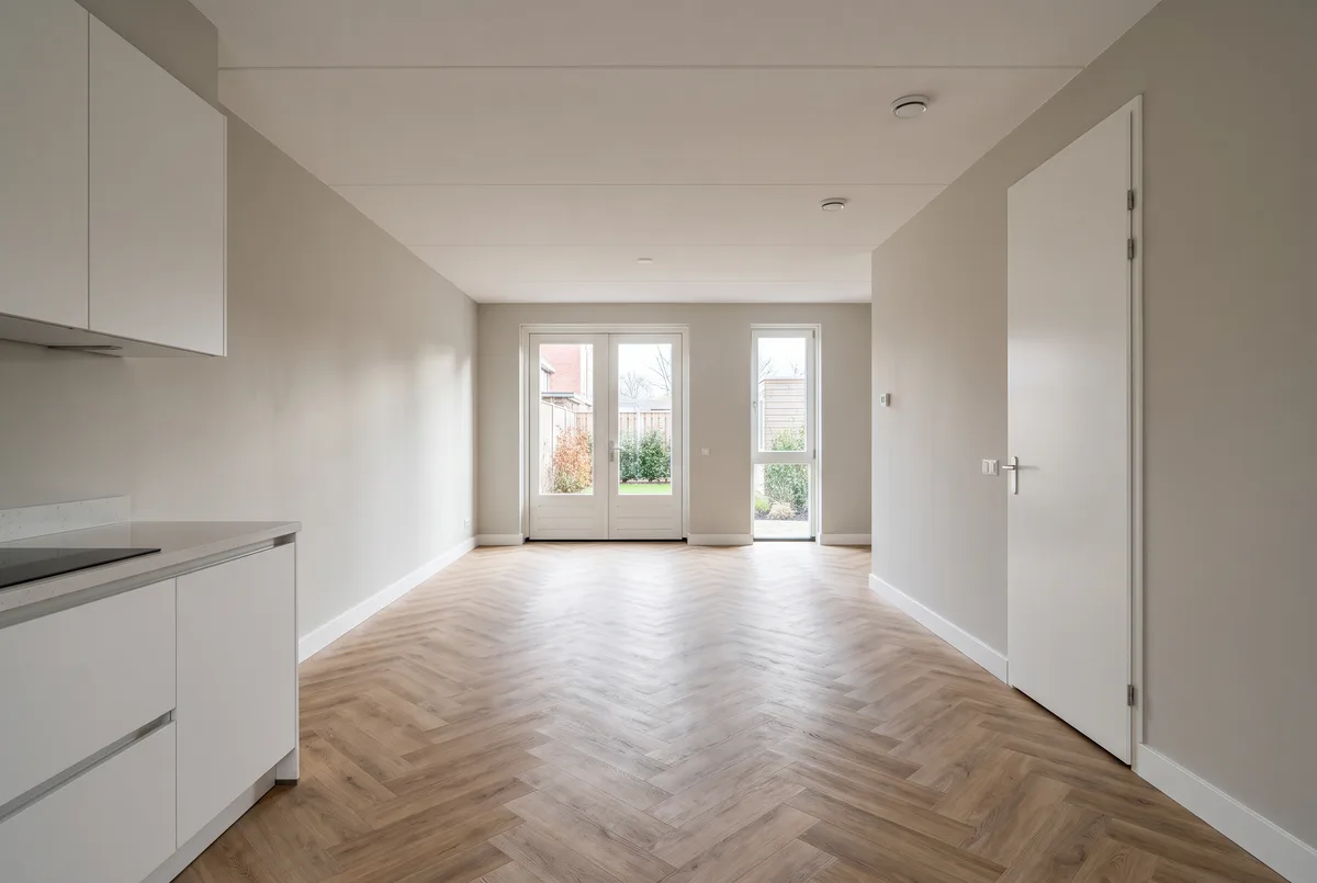 Lege woonkamer van een woning na 2000: open keuken aan de straat, tuindeuren achter