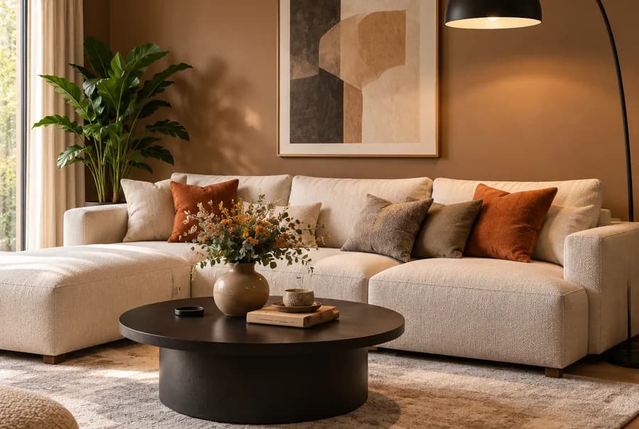 Modern warm woonkamer als voorbeeld van de stijl
