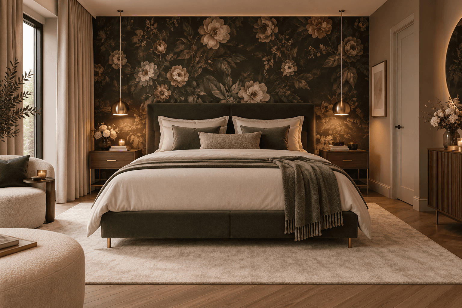 Slaapkamer met bloemenbehang achter het bed, zacht licht van twee hanglampen en fluwelen accenten