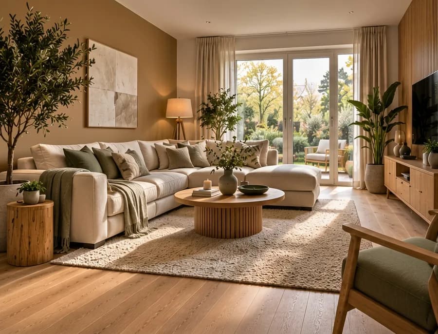 Woonkamer met de muur in camel