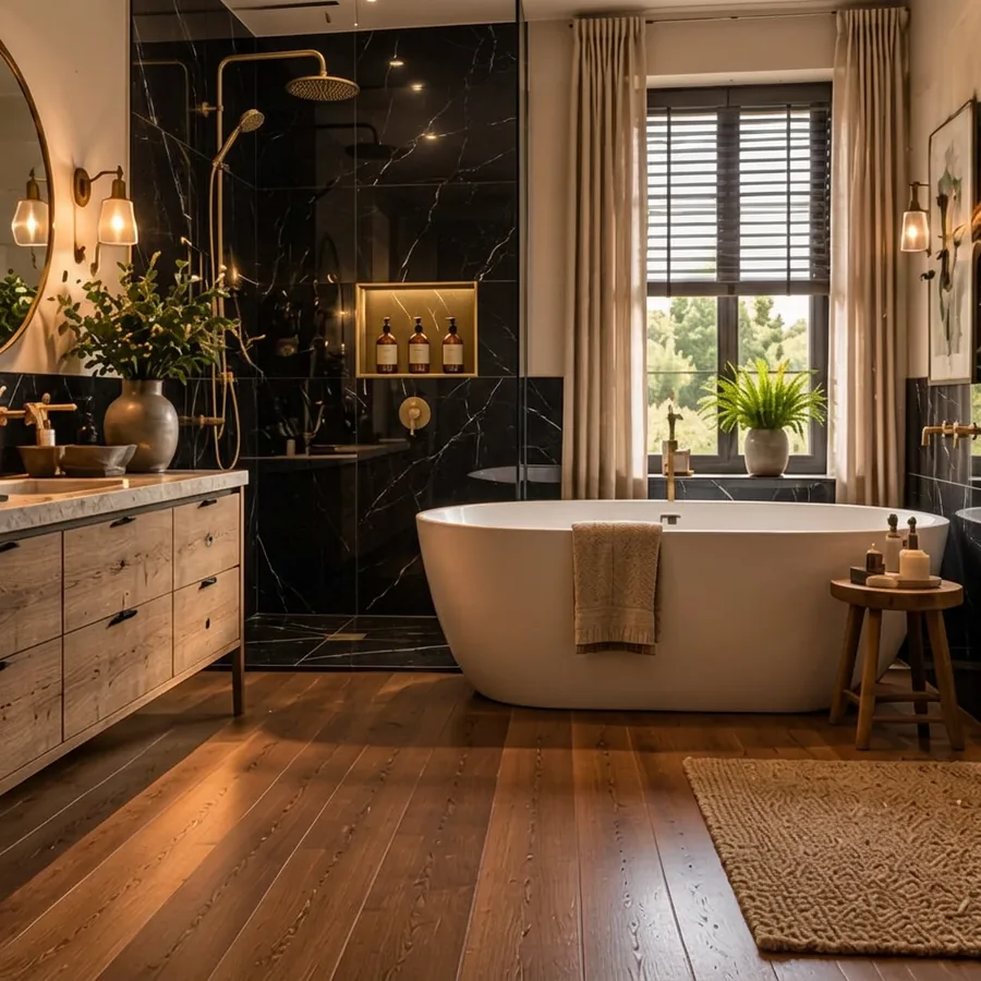 Badkamer met gouden regendouche en nero marquina