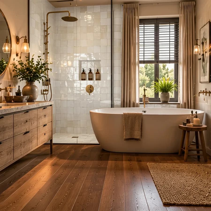 Badkamer met gouden regendouche en zellige wit
