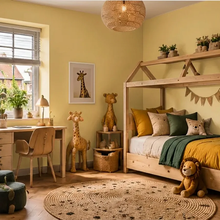 Landelijke kinderkamer met de muur in zachtgeel