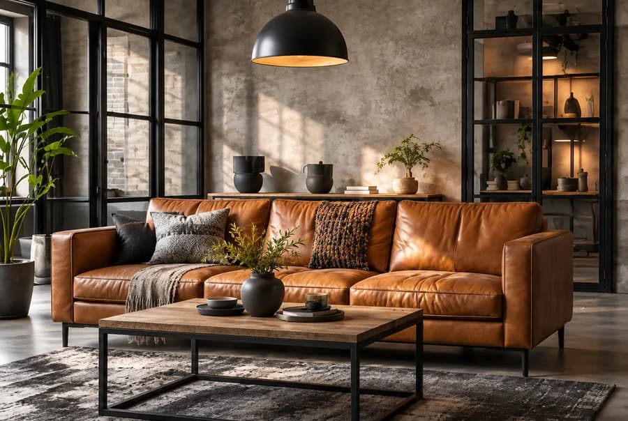 Industrieel woonkamer als voorbeeld van de stijl