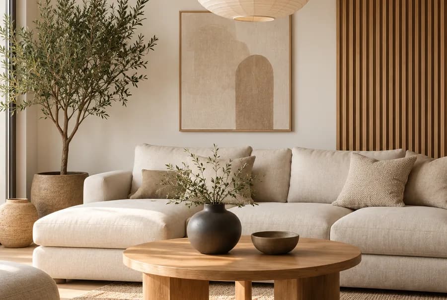 Japandi woonkamer als voorbeeld van de stijl